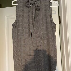 Ann Taylor Sleeveless Black/Gray Plaid Blouse with Tie